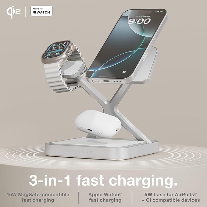 NOCO XGrid XDS3: 3-in-1 Wireless Charging Stand – Charging Station for iPhone, Apple Watch, and AirPods – MagSafe Compatible, Qi2 Certified – Includes 45W USB-C Wall Charger and 6.5-Foot USB-C Cable