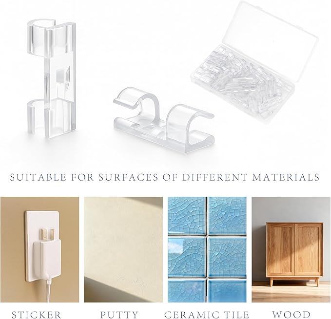 40-Pack Clear Adhesive Cable Clips (M Size) – Strong Transparent Wire Holders for Wall, Desk, Car, and Indoor/Outdoor Light Management