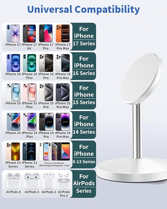 Magnetic Wireless Charger Stand, 25W Fast Mag Safe Charger iPhone Stand, 6FT Magnet Wireless Charging Station Pad with 35W Adapter for iPhone 17 Air 17 Pro 17 Pro Max 16 15 14 13 12, AirPods Pro 2/3/4