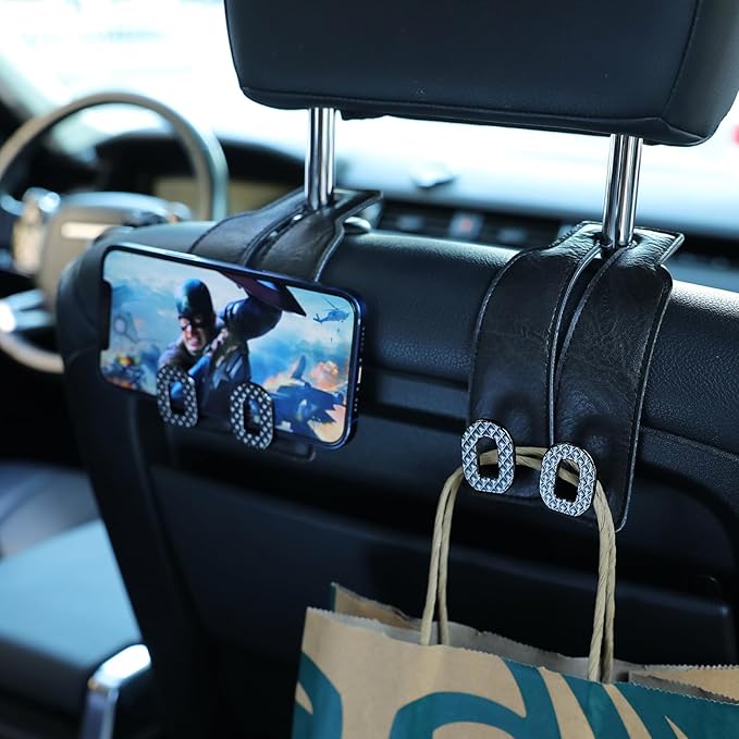 Car Headrest Hooks Universal Car Purse Hook Premium Leather and Alloy Twin Hook Car Seat Back Storage Hanger Hook for Purse Bags Cloth Drink Durable Holder Car Accessories (BH09-Black-Black)
