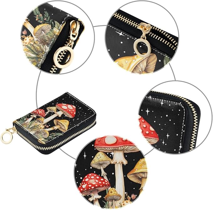 RFID Credit Card Holder Wallets Accordion for Women Leather Zipper Card Case Accordion Wallet for Ladies Girls (Mushrooms)