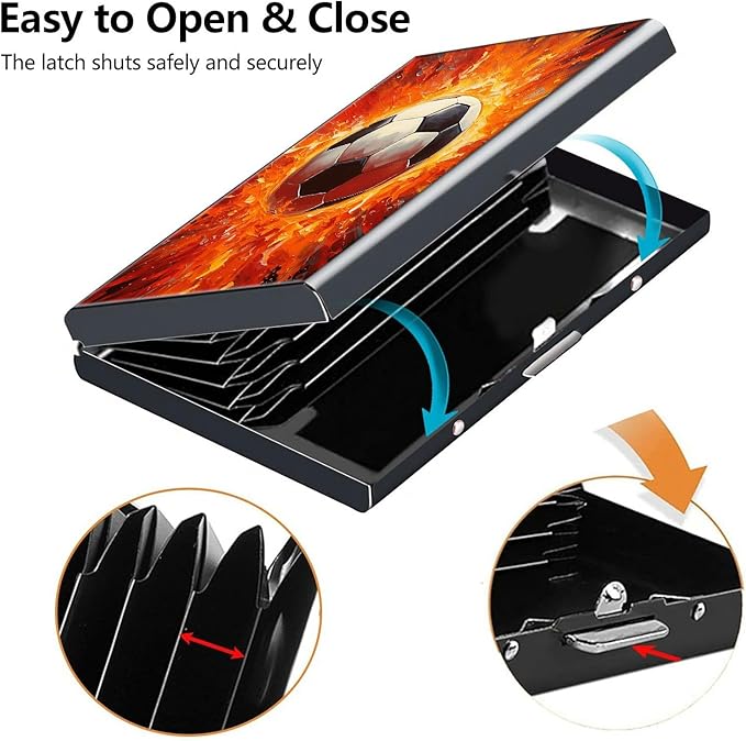 Credit Card Holder, Art Fire Football Design Mini RFID Blocking Aluminum Wallet Slim Metal Hard Case Shell Travel Wallet ID Case Small Credit Cards Case Business Cards for Women Men Girls