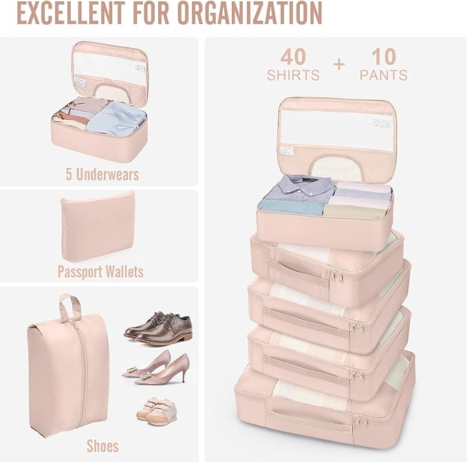 Veken 10 Set Packing Cubes for Travel, Beach Vacation Essentials Accessories for Cruise Ship, Suitcase Organizer Bags for Luggage with Hanging Toiletry & Shoe Bag, Birthday Gifts for Women Mom Her