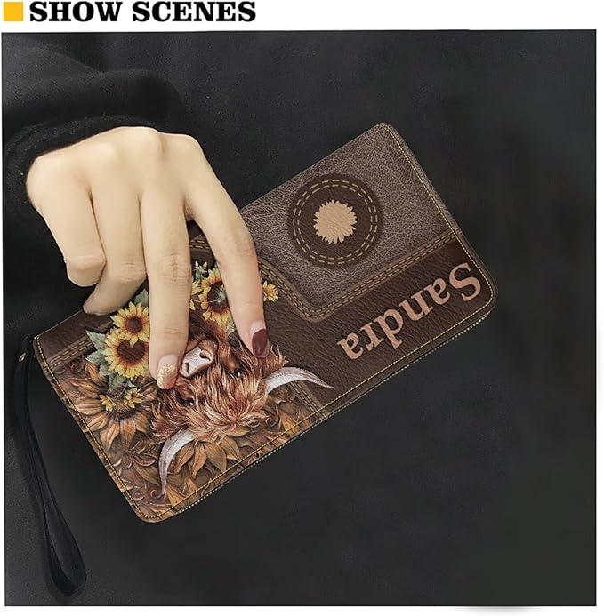 Bulopur Womens Wallet Wristlet Custom Name Sunflower Highland Cow Print Slim Purse Wallet Small Wallets For Women Coin Purse Id Card Holder Clutch RFID Long Wallets With Slots Zipper Around