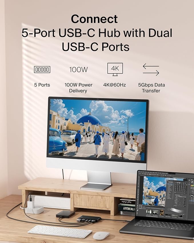 Belkin USB C Hub, 5-Port Hub With 4K HDMI Display @ 60Hz, 100W Power Delivery, Fast Data Transfer 5Gbps, USB C Multiport Adapter for iPad Pro, Chromebook & More, MacBook Accessories with HDMI 2.0 port