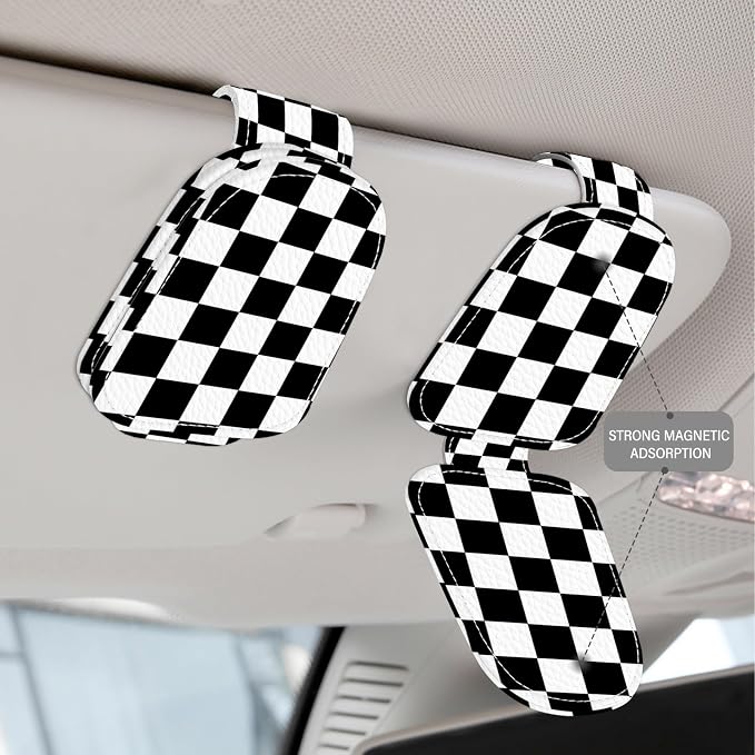 2 Pack Magnetic Leather Sunglass Holder, Universal Magnetic Car Eyeglass Hanger Clip for Different Size Eyeglasses, Car Visor Accessories (Black Plaid)