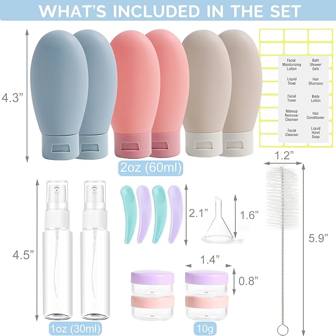 DEWSENSI 20 Pack Travel Bottles Set for Toiletries, TSA Approved Leak Proof Travel Size Containers Kit Portable Refillable Travel Accessories for Shampoo Conditioner Lotion Liquids (Multicolor A)