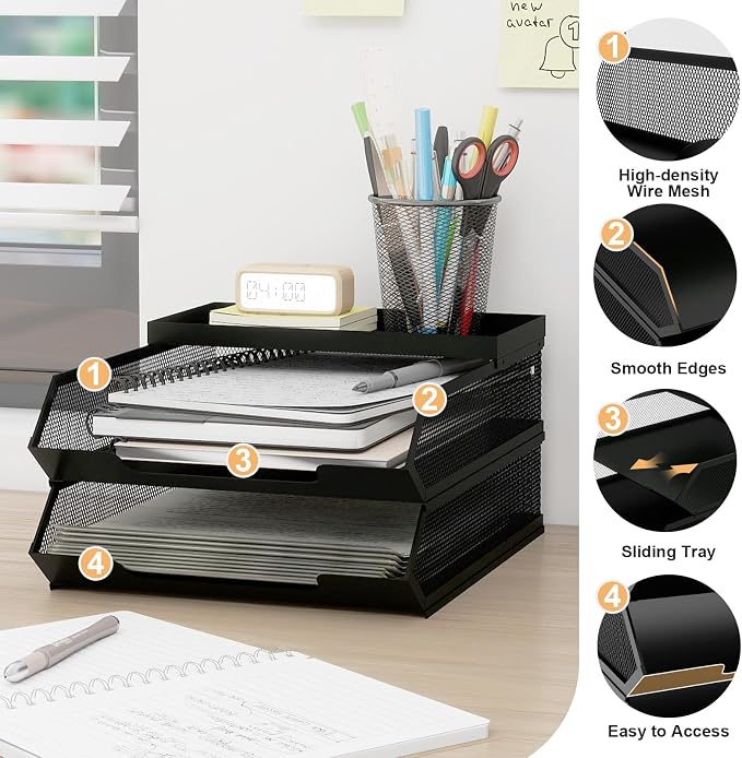 Natwind 2-Tier Stackable Metal Mesh Paper Organizer with Sliding Tray,Black | Desk Organizer for Office Supplies, Letter Tray For Desktop,File Holder For Home School Classroom Organization