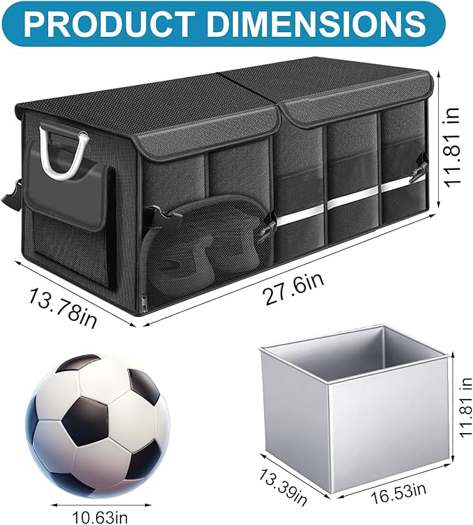 Car Trunk Organizer, 1680D Waterproof Oxford, Collapsible Waterproof Car Organizer Storage with Foldable Cover, Reflective Strip, 4 Mesh Pockets for SUV, Truck, Sedan, Camping, Road Trip (92L)