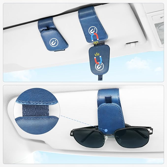 SINGARO 1 Pack Sunglass Holder for Car Visor Sunglasses Holder Clip, Universal Non-Slip Magnetic Leather Glasses Eyeglasses Hanger Mounter, Truck Interior Car Visor Accessories for Woman Man, Blue