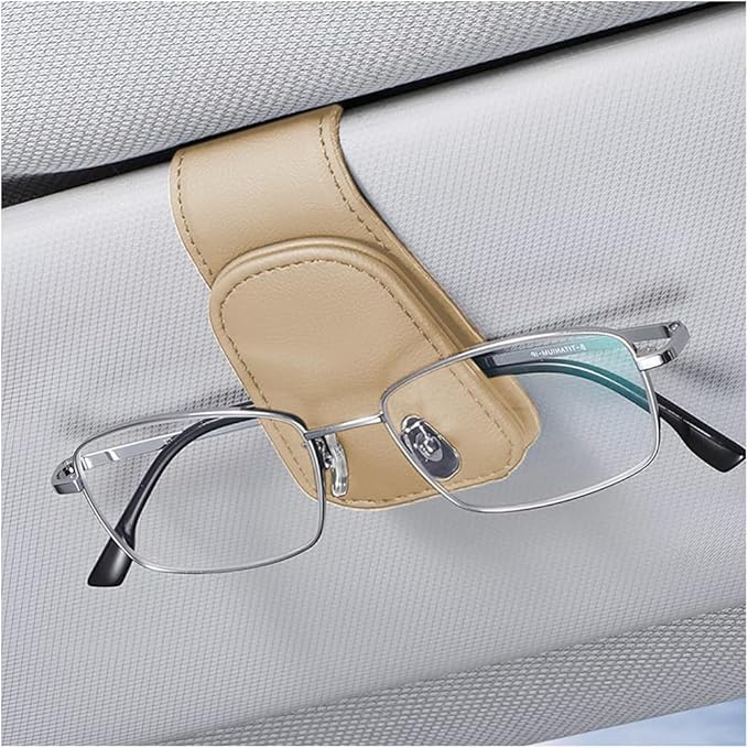 zipelo Sunglasses Holder for Car Sun Visor, Vehicle Magnetic Leather Eyeglass Hanger, Sun Glasses Mount Clip on Visors, Ticket Card Cash Organizer, Auto Interior Accessories (Beige, 1 PCS)