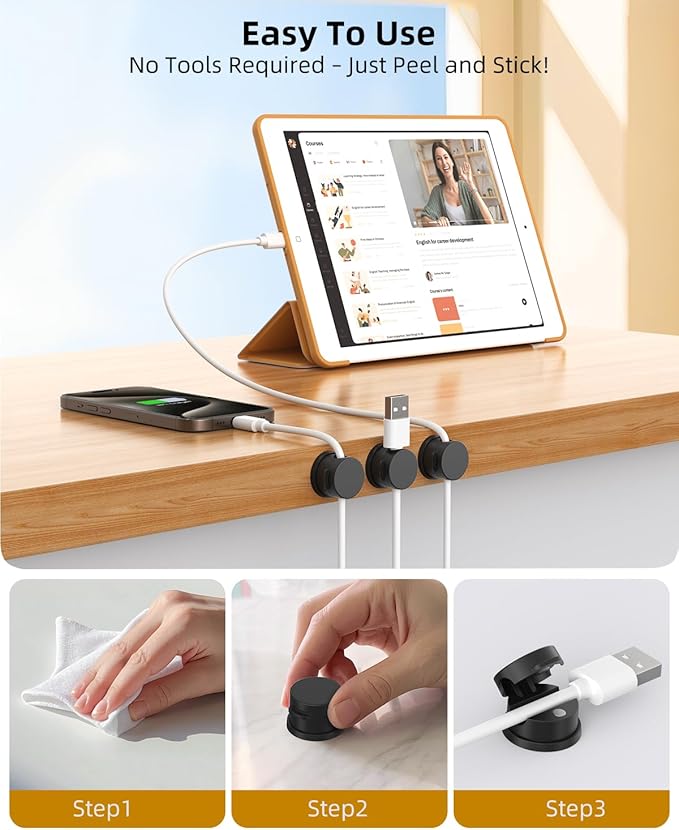 Cord Holder, Swiveling Cord Organizer, Magnetic Cable Clips for Desk, 6 Pack Cable Organizer for Nightstand, Adhesive Cable Holder Cable Management Clips for Car Home Office (Black)