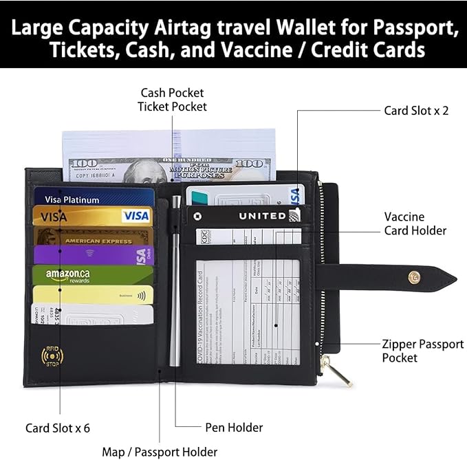 Passport Holder for Travel,Leather Passport Wallet,Travel Document Organizer with AirTag Slot,RFID Blocking With Credit Cards Case,Zippered Coins Pocket and Cash Slot for Women Men