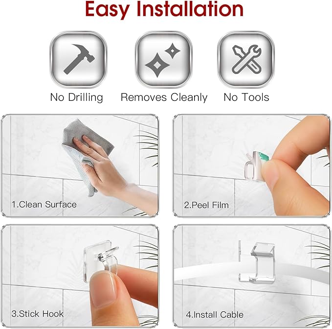 60PCS Adhesive Cable Clips, Heavy-Duty Cord Clips for Cable Management, Outdoor Christmas Light Clips Hooks, Traceless Clear Wire Holders Cord Organizer for Wall, Desk, LED, Car(Small)