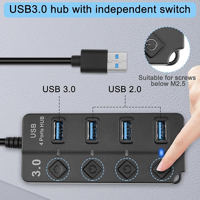5FT 4-Port USB3.0 Expander Hub, USB 3.0 Fast Data Hub with Individual LED Power On/Off Switches, Portable USB Port Extender for PC, USB Flash Drives and More
