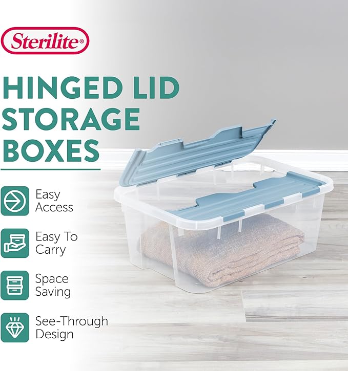 Sterilite 12 Pack Hinged Lid Storage Box, 40 Qt Plastic Container, Washed Blue - Home Organizer Tote for Storing Shoes, Crafts, Clothing, or Decor