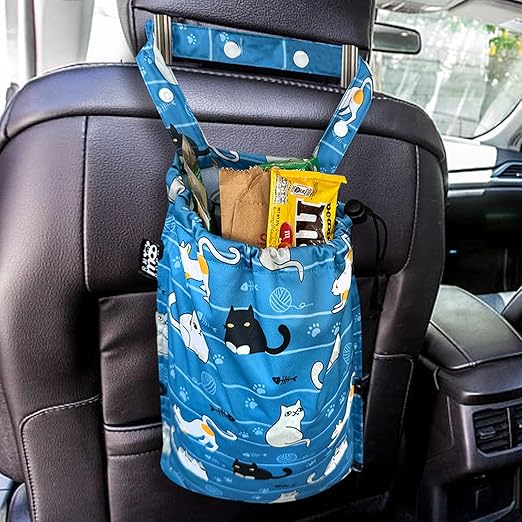 Cute Hanging Car Trash Garbage Bag 100% Leakproof Waterproof Multipurpose for Car Back Front Seat Console with Hanging Strap (Cats Play)