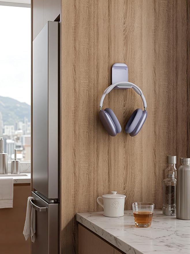 MAMUVIMO Headphone Stand, Headset Stand Foldable ＆ Sticky, Headphone Holder Hook Mount with Non-Slip Silicone, Adhesive Earphone Desk Hanger Clip Space-Saving for Airpods Max, All Earphones- Purple