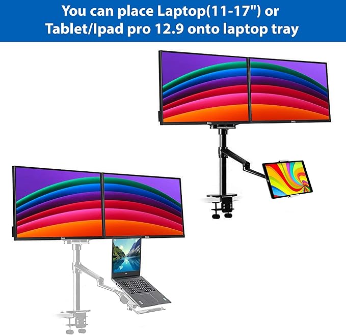 Height Adjustable Laptop Monitor Stand - Compatible with 13 to 17.3 inch Laptops, Holds 2 Monitors 11 to 27 inch with Vesa, Black