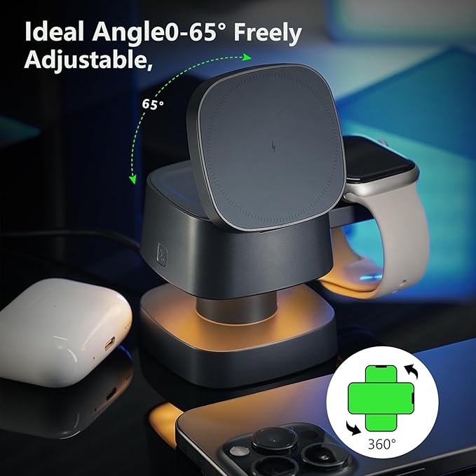 【2026 Upgraded】4 in 1 Wireless Charger, 3 in 1 Wireless Charging Station with Night Light for MagSafe Charger, 15W Magnetic Travel Stand for iPhone17/Air/Pro/Max/16/15/14, Apple Watch, Airpods (Gray)