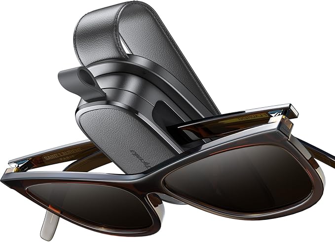 Sunglass Holder for Car, Chfeila 360° Rotating & One-Hand Operation Magnetic Glasses Clip, Leather Sun Eyeglass Visor Orgazizer, Scratch-Free Eyewear Hanger for Car Accessories Gadgets - Charcoal Gray