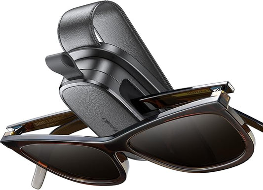 Sunglass Holder for Car, Chfeila 360° Rotating & One-Hand Operation Magnetic Glasses Clip, Leather Sun Eyeglass Visor Orgazizer, Scratch-Free Eyewear Hanger for Car Accessories Gadgets - Charcoal Gray