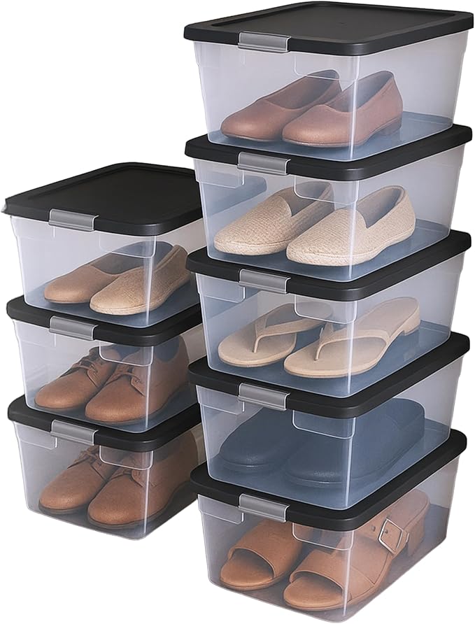 HOMZ 8-Pack Snaplock, Small Clear Plastic Storage Organizer Bins with Lids, 15 Quart, Gray - Stackable Container Boxes for Bedroom, Bathroom, Garage, and Office Organization