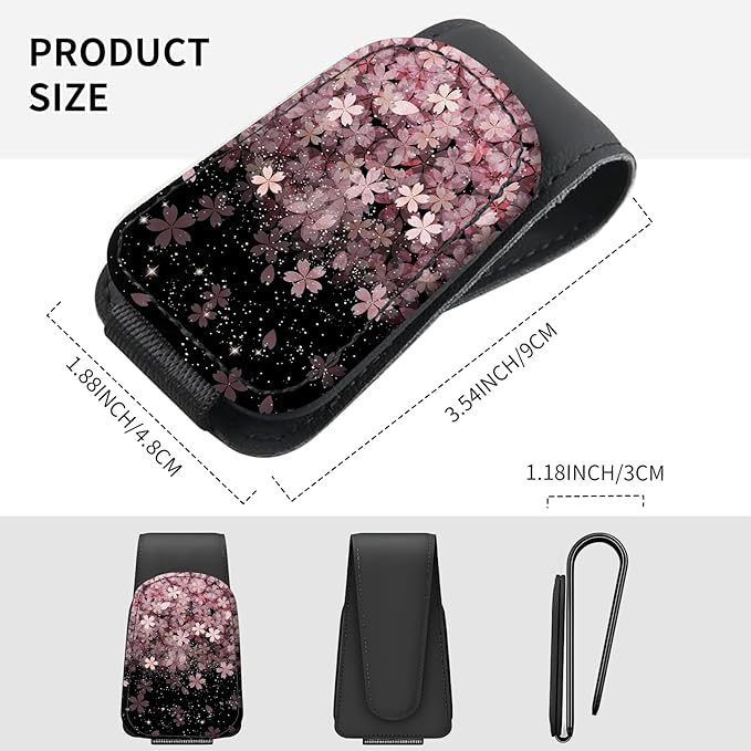 Sunglasses Holder for Car Visor, PU Leather Glasses Clip Organizer, Cute Magnetic Eyeglass Holder for Vehicle Sun Visor, Car Interior Accessory for Women & Men Cherry Blossom Night