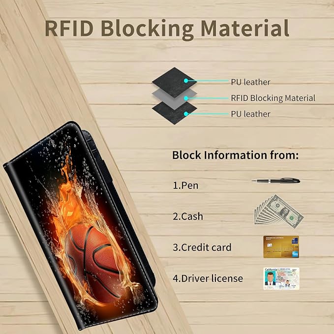 Checkbook Cover for Women & Men PU Leather Check books Covers for Personal Check Book Credit Card Holder Holder Wallet with RFID Blocking for Duplicate Checks,Water Fire Basketball