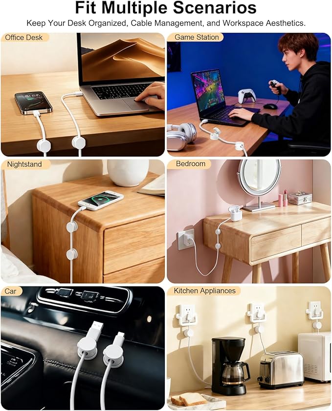 OneLeaf 8 Pack Magnetic Cable Clips, Rotatable Cable Management Clips for Desk & Wall, Strong Adhesive Cord Organizer for Phone Chargers, Ethernet & Cable Wires, Home Office Car, White