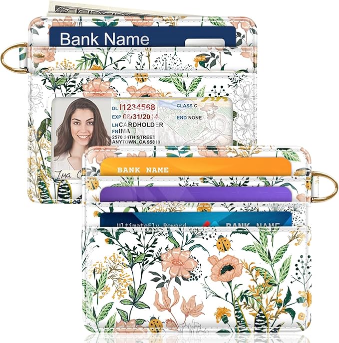 Slim Minimalist Front Pocket RFID Blocking Credit Card Holder Small Wallet Cute Card Cases for Women,White Flowers