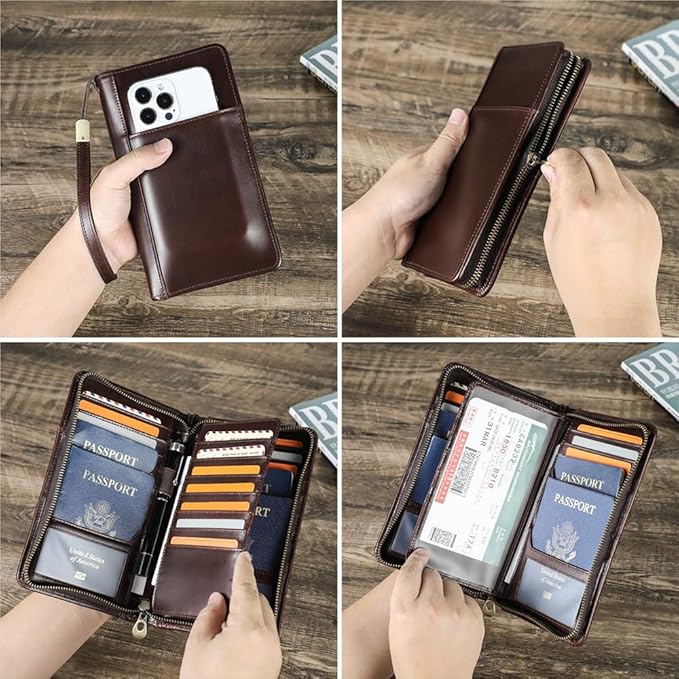 CONTACTS Travel Passport Wallet for 4 Leather Family Passport Holder Clutch Wallet Zipper Wrist Card Purse RFID Blocking with 13 Card Slot Fit up 4 Passports