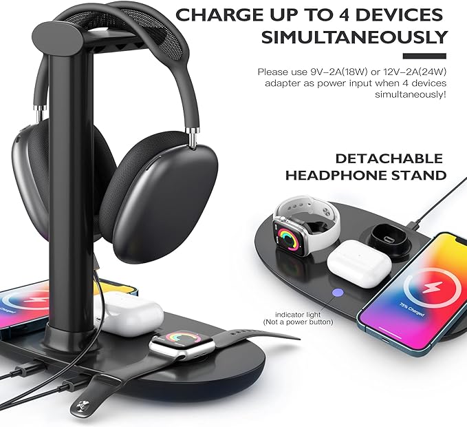 Headphone Stand with 15w Wireless Charger, Suguder 4 in 1 Charging Station Headset Holder for AirPods Max/Pro/4/3/2 iWatch 10/9/8/7/6/5/4/3/2/1/SE iPhone 17/16/15/14/13/12/11/X for Desktop Table Game
