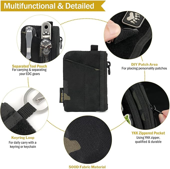 VIPERADE VE17 Small EDC Pouch, EDC Pocket Organizer with DIY Patch Area, Mini EDC Pouch with Zipper Pocket, Small Card Pocket, 2 Slots Pocket for EDC