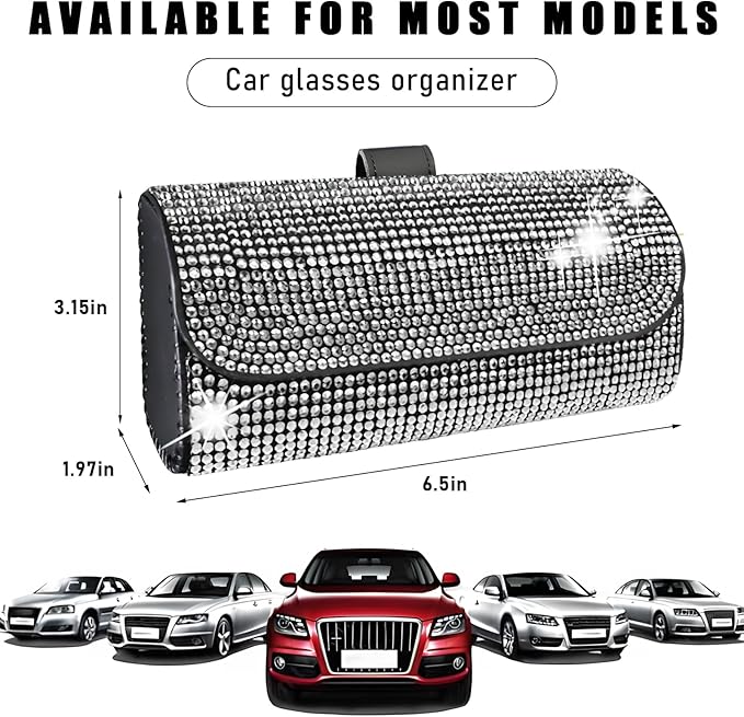 Ohleats Bling Sunglasses Holder for Sun Visor, Sparkling Glasses Sun Visor Organizer Case with Hidden Magnetic Closure, Auto Visor Crystal Eyeglasses Storage Case, Car Accessories (Bling White)