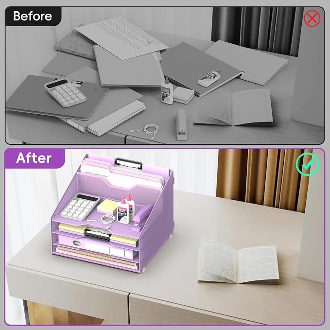 Desk File Organizer, 4 Letter Trays and 2 Upright Sections, Purple | Paper organizer for desk with tiered letter trays and upright file sections for home office, school and workspace use