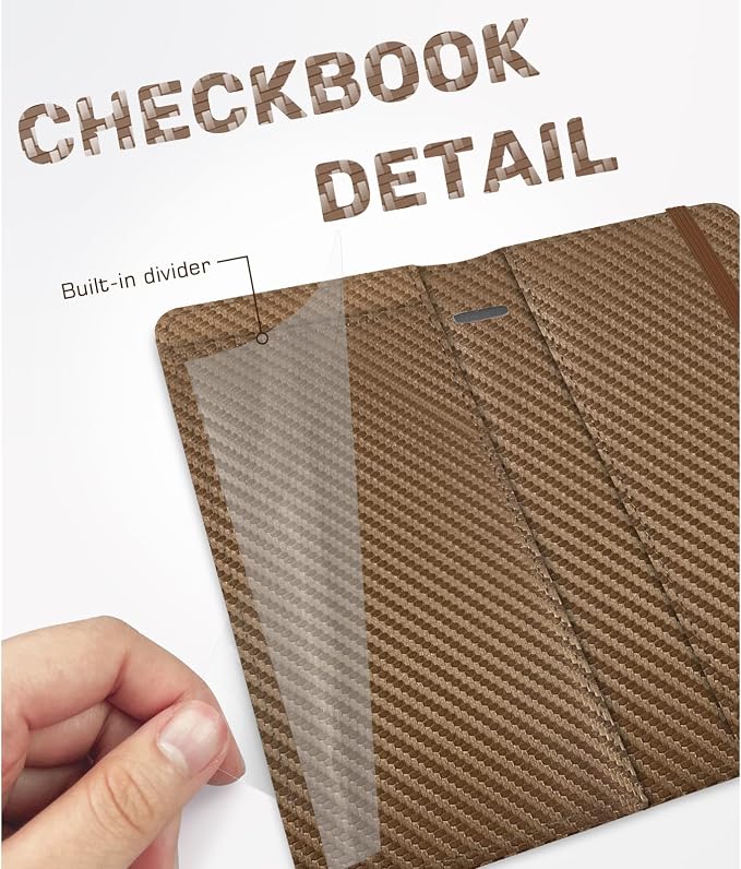 Checkbook Cover for Men Women, Premium Leather Checkbook Holder with RFID Blocking and Built in Clear Plastic Divider for Personal and Business Checks (Brown Carbon)