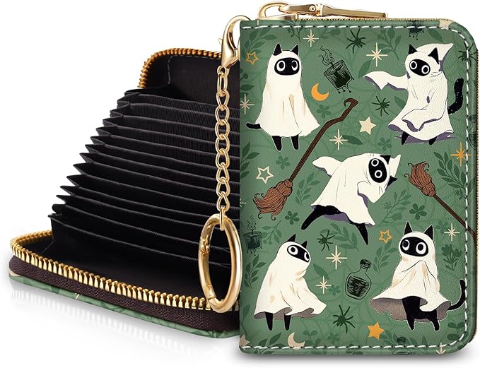 Blusabaca Halloween Spooky Cute Cat Credit Card Holder for Women, Witch Magic Small RFID Wallet, Zipper Keychain Wallet, Leather Card Case, RFID Blocking Accordion Wallet Holiday Gift