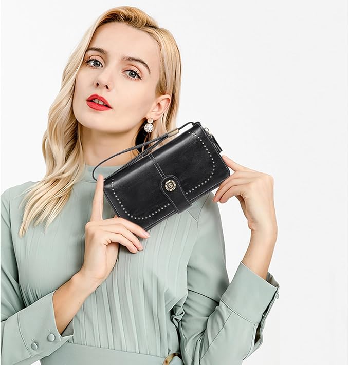 RNIEGA Womens Wallet Leather Billfold RFID Blocking Credit Card Holder Wristlet Wallets for Women Ladies Purses with Zipper Coin Pocket