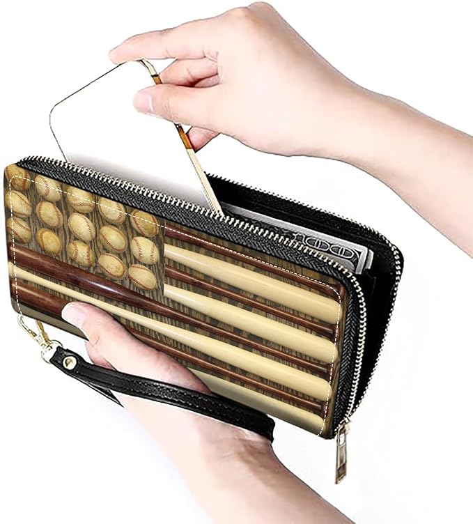 Women's Large Capacity Wallet PU Leather Zip Around Clutch Purse Multifunctional Wallet with Removable Wristlet Strap for Smart Phone/Coin/Card/Cash, Baseball Combination American Flag