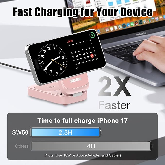 3 in 1 MagSafe Wireless Charging Station, 15W Magnetic Fast Charger for iPhone 17/16/15/14/13/12 Series, Apple Watch & AirPods, Foldable Portable Charging Stand for Desk, Bedside & Travel, Pink