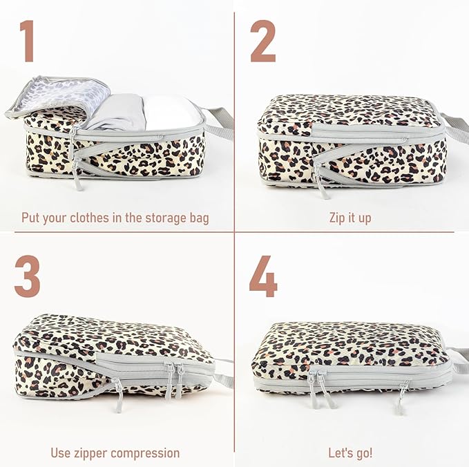 4 Set Compression Packing Cubes For Travel Bags Organizer For Luggage Suitcase Organizer, Compression Bags For Travel Accessories Luggage Storage Set (4 Pcs, Brown Leopard)