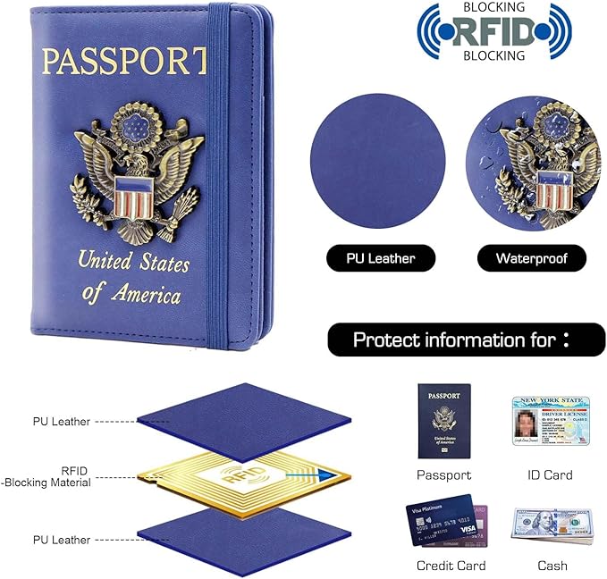 Cnycmy Passport Holder for Travel, Pu Leather Travel Wallet, RFID Blocking, Metal United States Coat of Arms, Waterproof cover for Family (Blue)