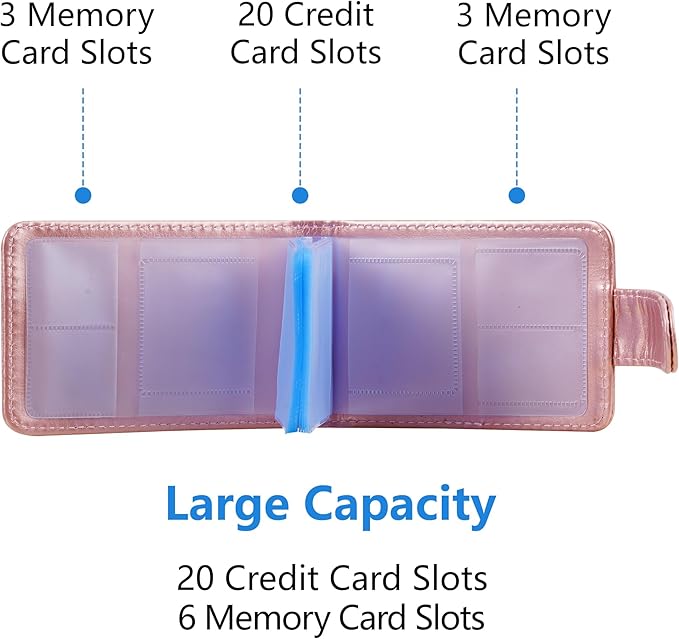 Wisdompro Credit Card Holder, Slim Leather RFID Blocking Wallet Debit Card Protector Organizer Case (Build in 20 Card Slot & 6 Small Cells for Memory Cards)-Horizontal Rose Gold