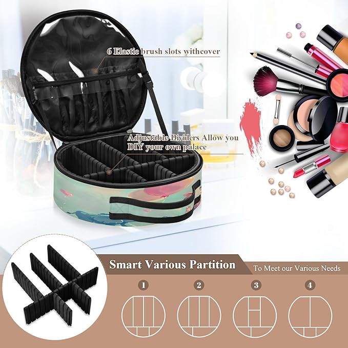 senya Round Cosmetic Pouch Travel Makeup Train Case Elephant Giraffe Makeup Organizer Bag with Adjustable Dividers Portable for Cosmetics Makeup Brushes Toiletry Jewelry Accessories