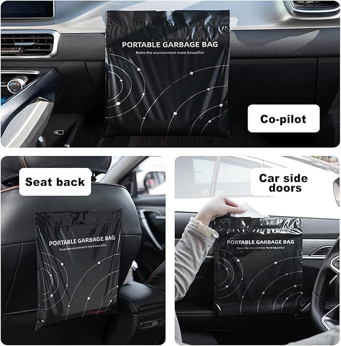 Disposable Trash Bags for Cars, Vomit Bags Pack of 100, Portable Drawstring, Paste Dual-Use Self Adhesive Cleaning Bags, Easy Stick on and Hanging, for Cars Kitchens Bedrooms Travel Office (Black)