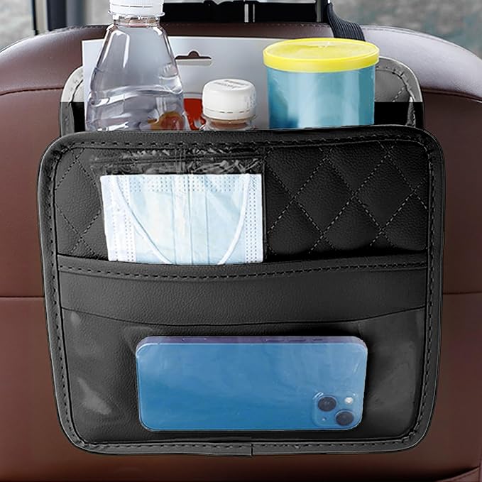 Car Back Seat Organizer, Waterproof PU Leather Car Seat Back Hanging Bag, Multifunctional Car Storage Bag Vehicles Interior Accessories for Adults, Universal for Most Cars (Black)