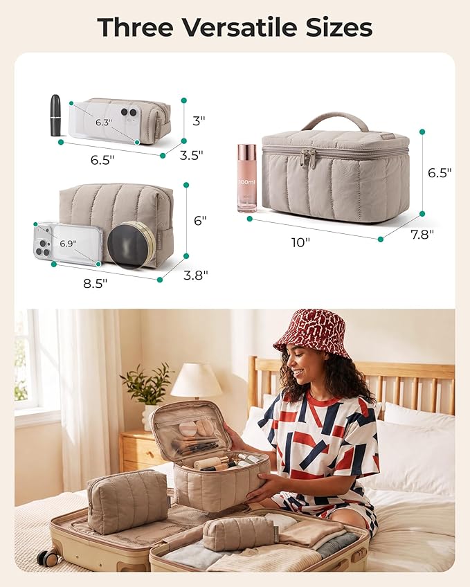 BAGSMART Travel Makeup Bag for Women, 3 Pcs Puffy Padded Cosmetic Organizer Bag, Large Toiletry Case and Small Purse Pouch for Gym, Work, Girls (Camel)