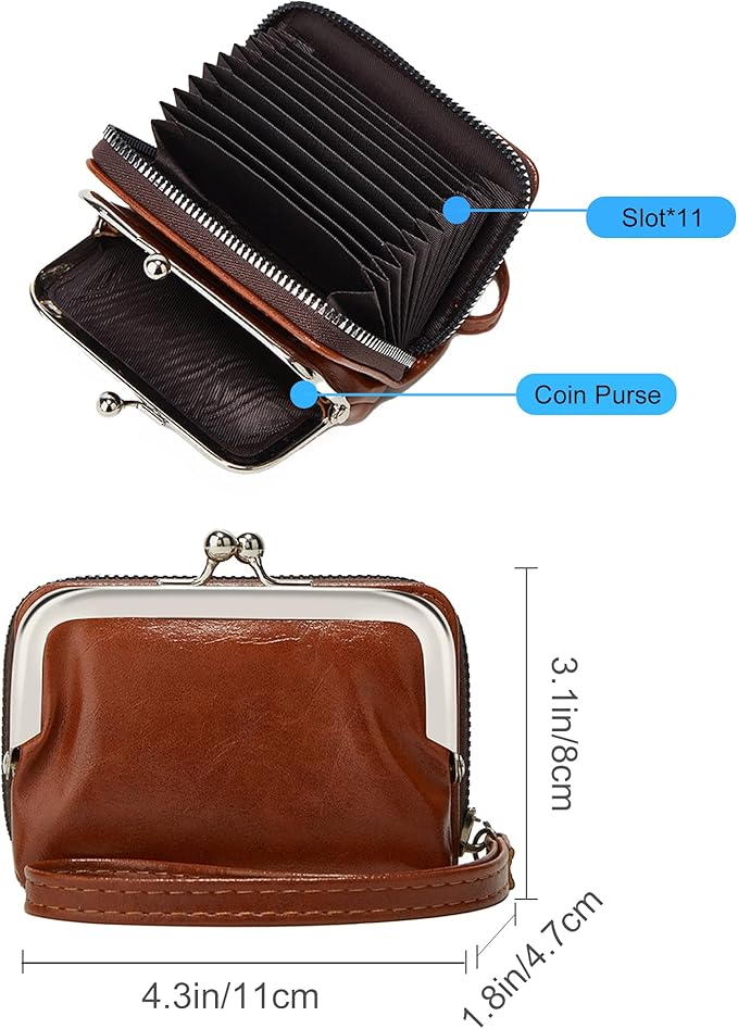 2 in 1 Credit Wallet, Purse Wallets for Women, Ladies Coin Pouch With Card Slot, Women's Vintage Change Holder with Kiss Lock and Zipper Lanyard (PU Brown, Small)
