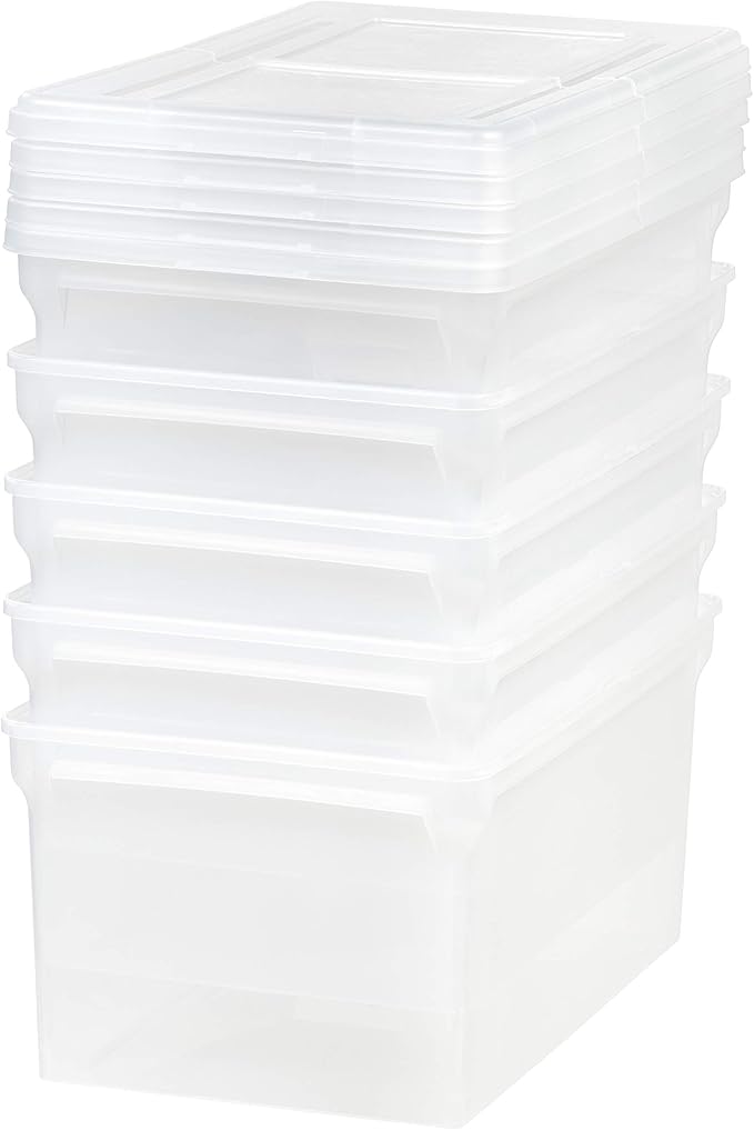 IRIS USA File Box, File Organizer w/Hinged Split Lid for Letter File, Important Document Box, Plastic Storage Filing Bin for Moving, Stackable Nestable Portable, Clear 44 Qt. 5 Pack